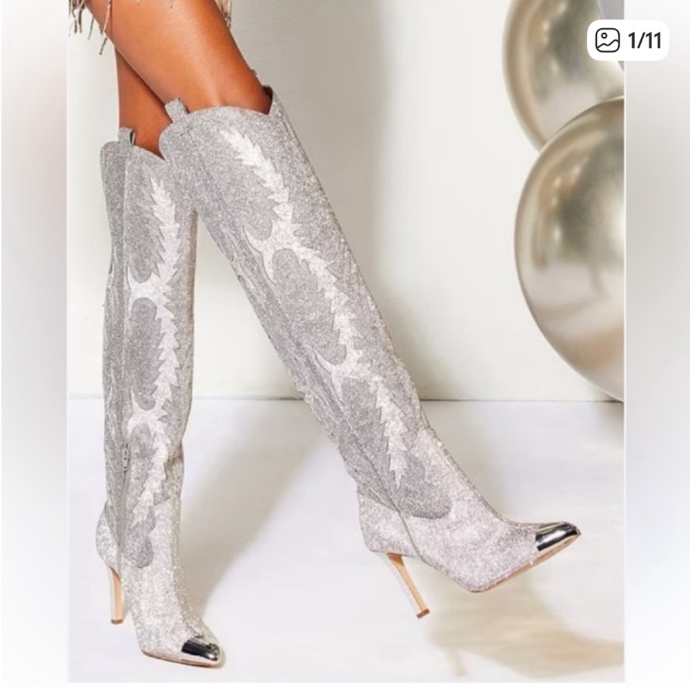 Gianni Bini Katyanna Rhinestone OTK Boots Silver NWT- Flawed